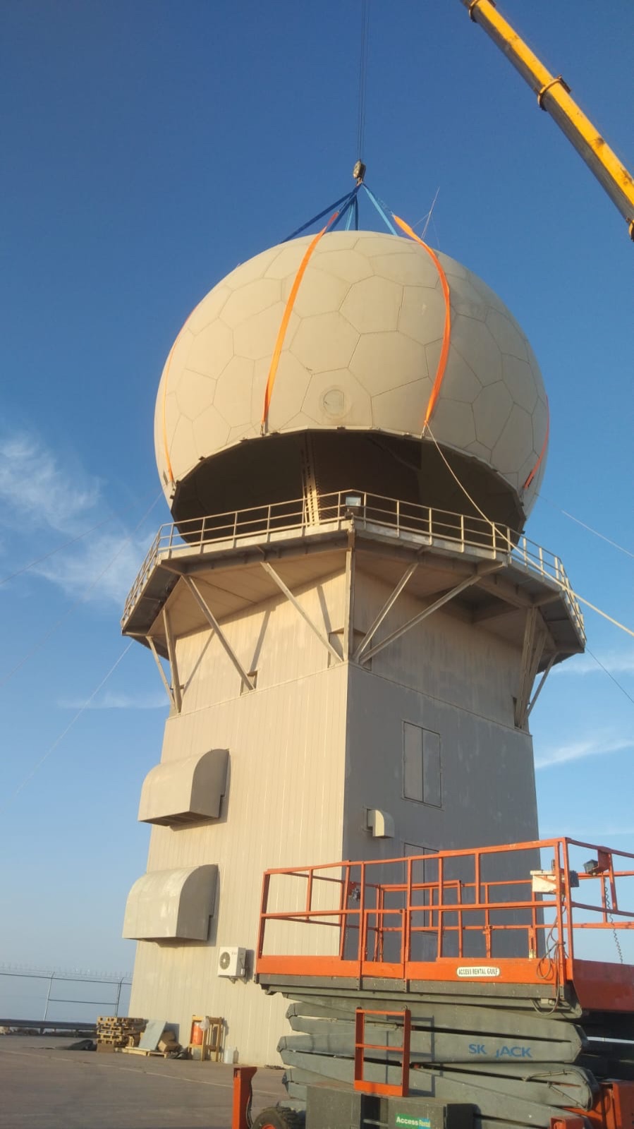Radome being lifted during a radar relocation project